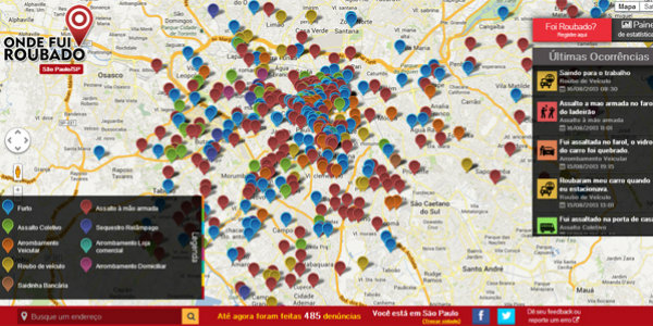 eprodução do mapa de São Paulo com as tags de crimes (Foto: Reprodução / Onde Fui Roubado)