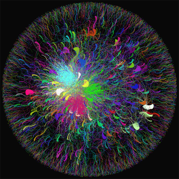 A imagem mostra a nuvem de taggeamento de posts com a palavra 'Dilma'. O grupo vermelho é pró-governo, azul é oposição e verde é o grupo altamente relacionado que discute soluções alternativas aos problemas políticos (Foto: Divulgação / Labic)